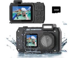 10 meter onderwatercamera 4K 30FPS waterdichte digitale camera met dubbel scherm, ingebouwde selfie-functie en 2500 mAh batterij voor snorkelen, beginnende fotograaf - zwart - 32GB