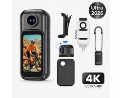 2026 4K ULTRA Bodycam – Mini Camera – 180° Roterende UHD groothoeklens – Touchscreen scherm - Extra accu voor 8 uur opname - USB type-C aansluiting - Live App-View – WiFi camera - Action Sports Camera - Discreet & Draagbaar – Zwart