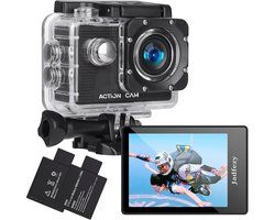 Actiecamera met 1080p, 12 MP en groothoeklens, geschikt voor gebruik tot 30 meter onder water, inclusief 2 x 900mAh accu's met grote capaciteit en bevestigingsaccessoires voor helm, fiets, etc.
