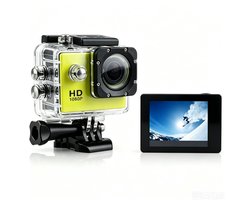 Camera-Action Camera Full HD 1080P - Waterdichte Onderwatercamera 30M - Sportcamera met 140° Groothoeklens en 2.0 Inch IPS Scherm - Motorhelm Camera met 3 Uur Batterijduur - Inclusief Accessoireset-Geel