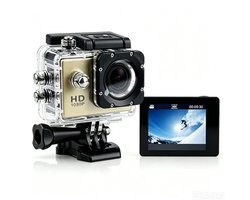 Camera-Action Camera Full HD 1080P - Waterdichte Onderwatercamera 30M - Sportcamera met 140° Groothoeklens en 2.0 Inch IPS Scherm - Motorhelm Camera met 3 Uur Batterijduur - Inclusief Accessoireset-Goud