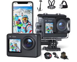 JC's - Action Camera 5K - Touchscreen - Borstband - Selfie stick - Hoofdband - Dual lader - Afstandbediening - Externe microfoon - EIS Stabilisatie - Action Camera's - Vlog camera - Actie Camera