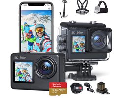 JC's - Action Camera 5K - Touchscreen - Inclusief 64GB SD kaart - Borstband - Selfie stick - Hoofdband - Dual lader - Afstandbediening - Externe microfoon - EIS Stabilisatie - Action Camera's - Vlog camera - Actie Camera