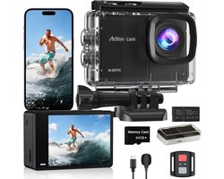 SnelShoppen - 4K 60FPS Actiecamera met 64 GB Kaart - 48 MP Waterdichte Camera, 40m Onderwatercamera, EIS Stabilisatie, Wifi, Afstandsbediening, 8x Zoo