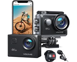 WOLFANG GA300 Action Camera - 4K 60FPS 24MP Groothoek Touchscreen WiFi Waterdichte Camera - 8x Zoom EIS Camerastabilisator - 2 x 1350mAh Batterijen en Accessoireset
