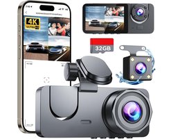 4K Dashcam voor auto, voor- en achtercamera, wifi-gps-autocamera met 32GB SD-kaart, 3-kanaals autocamera, 170° groothoek, nachtzicht, WDR, G-sensor, 24-uurs parkeermodus, loop-opname