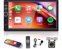 Apple CarPlay 2 Din autoradio met Android Auto, Bluetooth handsfree, 7 inch touchscreen autoradio met MirrorLink, FM/USB/AUX/EQ/TF, stuurwielbediening + achteruitrijcamera met microfoon, afstandsbediening