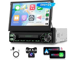 Autoradio met Klapscherm – Apple Carplay & Android Auto – Met 5 Inch Scherm – Inclusief Microfoon – Met Achteruitkijkcamera – USB, Aux, Bluetooth - Zwart