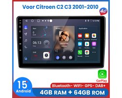 Awesafe 8-Core 4+64GB Autoradio - Geschikt Voor Citroen C2 C3 2001 t/m 2010 - Draadloze Carplay Android Auto - Touchscreen - GPS Navigatie 4G WiFi - Bluetooth Radio - 2001 2002 2003 2004 2005 2006 2007 2008 2009 2010