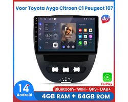 Awesafe 8-Core 4+64GB Autoradio - Geschikt Voor Toyota Aygo Citroen C1 Peugeot 107 2005-2014 - Draadloze Carplay Android Auto - Touchscreen - GPS Navigatie 4G WiFi - Bluetooth Radio - 2005 2006 2007 2008 2009 2010 2011 2012 2013 2014
