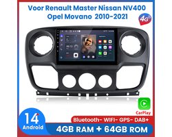 Awesafe 8-Core 4+64GB Autoradio - Voor Renault Master / Nissan NV400 / Opel Movano 2010 t/m 2021 - Draadloze Carplay Android Auto - Touchscreen - GPS Navigatie 4G WiFi - Bluetooth Radio - 2010 2011 2012 2013 2014 2015 2016 2017 2018 2019 2020 2021