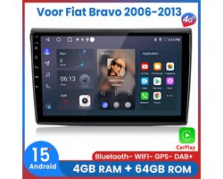 Awesafe 8-Core V1PRO 4+64GB Autoradio - Geschikt Voor Fiat Bravo 2006 t/m 2013 - Draadloze Carplay Android Auto - Touchscreen - GPS Navigatie 4G WiFi - Bluetooth Radio - 2006 2007 2008 2009 2010 2011 2012 2013 2014