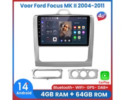 Awesafe 8-Core V1PRO 4+64GB Autoradio - Voor Ford Focus MK II 2004 t/m 2011 - Draadloze Carplay Android Auto - Touchscreen - GPS Navigatie 4G WiFi - Bluetooth Radio - 2005 2006 2007 2008 2009 2010 2011