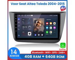 Awesafe 8-Core V1PRO 4+64GB Autoradio - Voor Seat Altea Toledo 2004 t/m 2015 - Draadloze Carplay Android Auto - Touchscreen - GPS Navigatie 4G WiFi - Bluetooth Radio - Ondersteuning invoegen 4G SIM