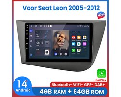 Awesafe 8-Core V1PRO 4+64GB Autoradio - Voor Seat Leon 2005 t/m 2012 - Draadloze Carplay Android Auto - Touchscreen - GPS Navigatie 4G WiFi - Bluetooth Radio - 2005 2006 2007 2008 2009 2010 2011 2012