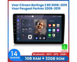 Awesafe Autoradio - Draadloos Apple CarPlay Android Auto - Geschikt Voor Citroen Berlingo 2 B9 2008 t/m 2019 - Geschikt Voor Peugeot Partner 2008 t/m 2019 - 1GB+32GB - Autoradio met navigatie GPS - Radio Scherm