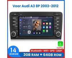 Awesafe Autoradio - Geschikt Voor Audi A3 8P 2003 t/m 2012 - 2GB+64GB - Draadloos Carplay Android Auto - GPS RDS Bluetooth - Navigatie - RAM 2GB + ROM 64GB