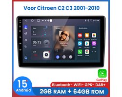 Awesafe Autoradio - Geschikt Voor Citroen C2 C3 2001 t/m 2010 - 2GB+64GB - Draadloos Carplay Android Auto - GPS RDS Bluetooth - Navigatie - RAM 2GB + ROM 64GB