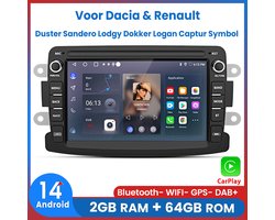Awesafe Autoradio - Geschikt Voor Dacia Duster Sandero Lodgy Dokker Logan Renault Captur Symbol - 7 inch IPS Scherm - Draadloos Apple CarPlay & Android Auto - Ram 2GB + Rom 64GB - GPS Navigatie Bluetooth WIFI - Radio Scherm - 2013 2014 2015 2016 2017