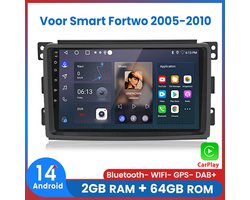 Awesafe Autoradio - Geschikt Voor Mercedes Benz Smart Fortwo 2005 t/m 2010 - RAM 2GB+ROM 64GB - Android 14 - Draadloos Apple Carplay & Android Auto - Bluetooth & Wifi GPS Navigatie