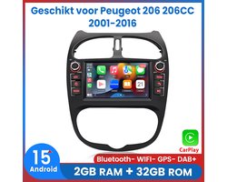 Awesafe Autoradio - Geschikt Voor Peugeot 206 206CC 2001 t/m 2016 - 2GB RAM + 32GB ROM - Draadloos CarPlay & Android Auto - Android 15.0 - Bluetooth & WiFi - GPS Navigatie