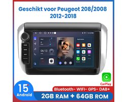 Awesafe Autoradio - Geschikt Voor Peugeot 208/2008 2012 t/m 2018 - 2GB RAM + 64GB ROM - Draadloos CarPlay & Android Auto - Android 15.0 - Bluetooth & WiFi - GPS Navigatie - 2012 2013 2014 2015 2016 2017 2018