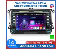 Awesafe Autoradio Geschikt voor Volkswagen Golf 5 & 6 Polo Caddy Bora Jetta Passat - CD/DVD Player - Apple Carplay & Android Auto - Android 14 - 4+64GB - 7 Inch IPS HD Touchscreen - Radio met navigatie - Bluetooth & Wifi
