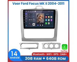 Awesafe Autoradio Voor Ford Focus MK II 2004 t/m 2011 - Android 14 - Draadloos Apple Carplay & Android Auto - 2GB + 64GB - 4 Core processor - Bluetooth & Wifi GPS Navigatie - 2005 2006 2007 2008 2009 2010 2011