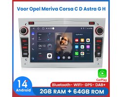 Awesafe Autoradio - Voor Opel Meriva Corsa C D Astra G H - Draadloos Apple Carplay & Android Auto - Android 14 - Radio met navigatie - 7 inch HD touchscreen - Ram 2GB + Rom 64GB - Zilveren