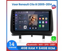 Awesafe Autoradio voor Renault Clio III 2005-2014 - 4GB+64GB - 8 Kern V1PRO - Draadloos Apple Carplay & Android auto - GPS Navigatie 4G WIFI - Ondersteuning invoegen 4G SIM