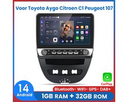 Awesafe Autoradio - Voor Toyota Aygo/PEUGEOT 107/Citroen C1 2005 t/m 2014 - 10.1 Inch IPS Scherm - Android 14 - Draadloos Apple Carplay & Android Auto - 1GB + 32GB - 4 Core processor - Bluetooth & Wifi - GPS Navigatie