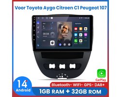 Awesafe Carplay Autoradio Voor Toyota Aygo/PEUGEOT 107/Citroen C1 2005-2014 - Android 14 - Draadloos Apple Carplay & Android Auto - 1GB + 32GB - 4 Core processor - Bluetooth & Wifi GPS Navigatie