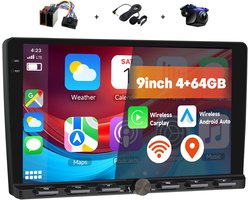 Boscer 2DIN Android 15 Autoradio - 9 inch HD IPS Touchscreen - 4+64GB - Draadloze Apple CarPlay & Android Auto - GPS Navigatie - USB, Bluetooth, WiFi & MP5 - Inclusief Achteruitrijcamera & Microfoon