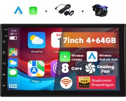Boscer® Autoradio 2DIN Universeel – 8-Core, 4+64GB – Android 15 – Draadloze Apple CarPlay & Android Auto – 7 Inch HD IPS Touchscreen – Interne Koeling – GPS Navigatie – Bluetooth, USB, WiFi & MP5 – Achteruitrijcamera & Microfoon