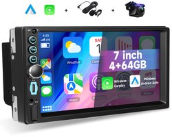 Boscer Autoradio 2Din Universeel - Android 15 - Apple Carplay & Android Auto (Draadloos) - 7 Inch HD Touchscreen - 4+64GB - GPS Navigatiesysteem - USB, USB-C, Aux, SD, WiFi, Bluetooth - MP5 - Achteruitrijcamera & Microfoon