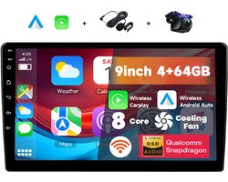 Boscer Autoradio 2Din Universeel - Android 15 - Apple Carplay & Android Auto (Draadloos) - 9 Inch HD IPS Touchscreen - 8-Core 4+64GB - Interne Koeler - GPS Navigatiesysteem - USB, Bluetooth, WiFi & MP5 - Achteruitrijcamera & Microfoon