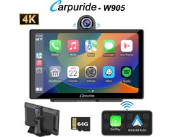 Carpuride W905 9 inch draadloze Carplay & Android-autoradio met dashcam, draagbaar HD-touchscreen, 4K-camera aan de voorzijde, lusopname, Bluetooth, Mirror Link, GPS, Siri, FM, 64G TF-kaart