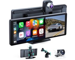 Draadloze, 10,26 inch draagbare auto-audio, CarPlay-scherm met dubbele 4K Geschikt voor- en achter 1080P dashcam, draadloze auto-weergave met Mirror Link/S-iri/AUX/128G TF