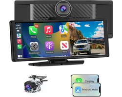 Draadloze CarPlay en Android Auto, CarPlay-autoradio met 4K-frontcamera, 1080P-achteruitrijcamera inbegrepen, 10,26 inch touchscreen met spraakbediening, Bluetooth/GPS/FM/AUX/64G TF-kaart