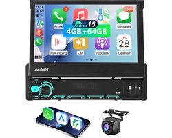 ESSGOO 1Din Autoradio - Apple Carplay & Android Auto (Draadloos) - 7" HD Touchscreen Handmatig Opvouwbaar Scherm - Android 15, 4+64GB - GPS, FM, EQ, USB, AUX, Bluetooth - Achteruitrijcamera