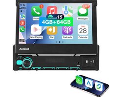 ESSGOO 1Din Autoradio - Apple Carplay & Android Auto (Draadloos) - 7" HD Touchscreen Handmatig Opvouwbaar Scherm - Android 15, 4+64GB - USB, AUX, Bluetooth - FM, EQ