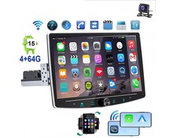 ESSGOO 1DIN Autoradio auto met 10,1 Inch 360° draaibaar scherm - autoradio geschikt voor CarPlay en Android auto - Android 15 4 + 64 GB - Bluetooth FM RDS - multimediaspeler - AHD-achteruitrijcamera - microfoon