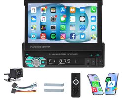 ESSGOO 1Din Autoradio Met Achteruitrijcamera - Apple Carplay & Android Auto (Draadloos) - 7" HD Touchscreen Handmatig Opvouwbaar Scherm - USB, AUX, Bluetooth - FM, EQ, TF