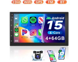 ESSGOO Autoradio 2Din Universeel - Android 15 - Apple Carplay & Android Auto (Draadloos) - 4+64GB - 7 Inch HD Touchscreen - GPS, FM, Wifi, SWC - Achteruitrijcamera