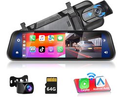 HD achteruitkijkspiegel dashcam achteruitrijcamera met draadloze Apple CarPlay Android Auto, 9,66 inch 1080P IPS touchscreen dual dashcam, 2 beeldschermen, Bluetooth + AHD achteruitrijcamera
