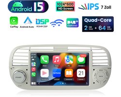 Hexinex Quad-Core autoradio Geschikt voor Fiat 500 (2007-2015) - Draadloos CarPlay, Android Auto,GPS Navi Android 15, multimediaspeler, 2GB+64GB, Wit