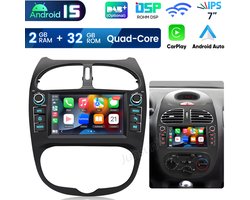 Hexinex Quad-Core autoradio Geschikt voor Peugeot 206 (2001-2016) - Draadloos CarPlay, Android Auto, multimediaspeler, Android 15, 2GB+32GB