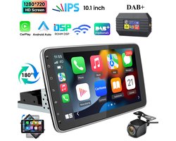 JUNSUN 1DIN 10" autoradio 360° draaibaar scherm Carplay Android 15 DAB+ GPS Navi WIFI BT USB FM 4GB+64GB Met achteruitrijcamera en DAB-adapter