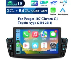 JUNSUN 2din Autoradio - Geschikt voor Peugot 107 Citroen C1 Toyota Aygo, - Android 15 - 2+64 GB - Draadloos Carplay & Android Auto - GPS Navigatiesysteem & Stuurwielbediening & Bluetooth & Wifi & AHD Achteruitrijcamera - Plug & Play