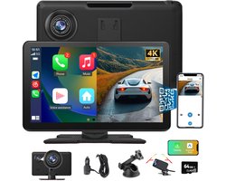 JUNSUN 9 inch Autodashcam met Draadloze Apple Carplay & Android Auto - Voor- en Achterkant Opname (4K+1080P) + 64GB Geheugenkaart + Zuignap/Stickerbevestiging + AUX Kabel
